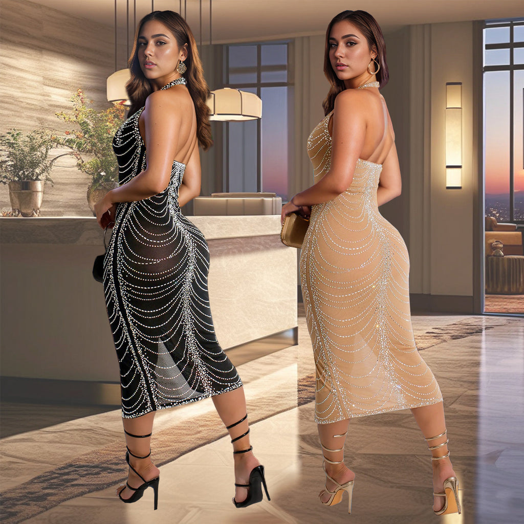 Fashion Women's Rhinestone Embellished Fitted Sexy Bodycon Long Dress