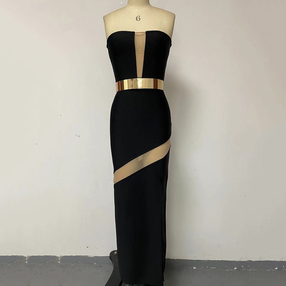 Sheer Mesh Backless Bandage Maxi Dress