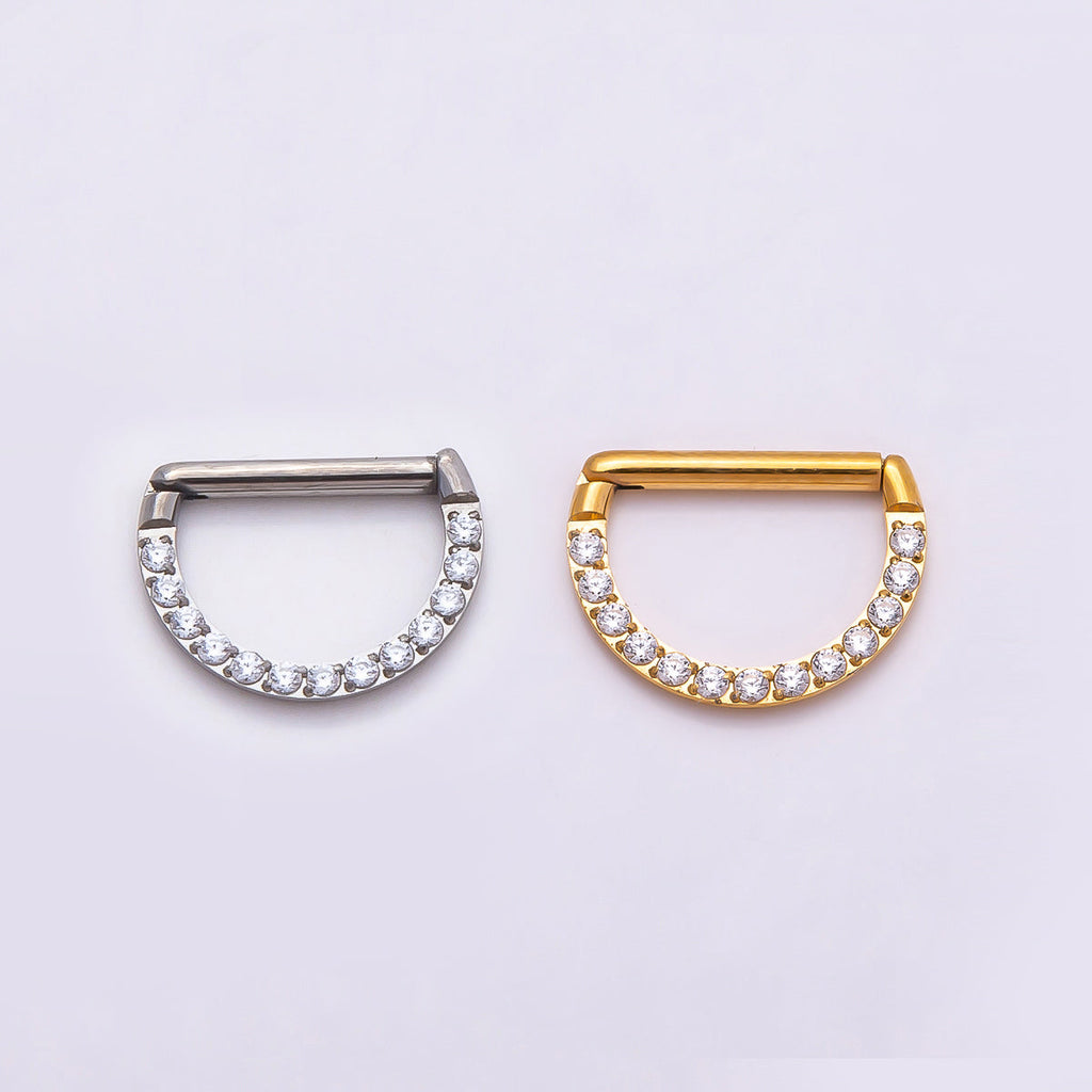 Titanium 10mm Micro Paved CZ D-Shaped Bar Septum Cartilage Piercing Clicker in Gold & Silver | BJ-00015 BJ-00016