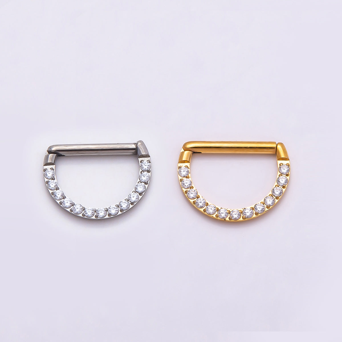 Titanium 10mm Micro Paved CZ D-Shaped Bar Septum Cartilage Piercing Clicker in Gold & Silver | BJ-00015 BJ-00016