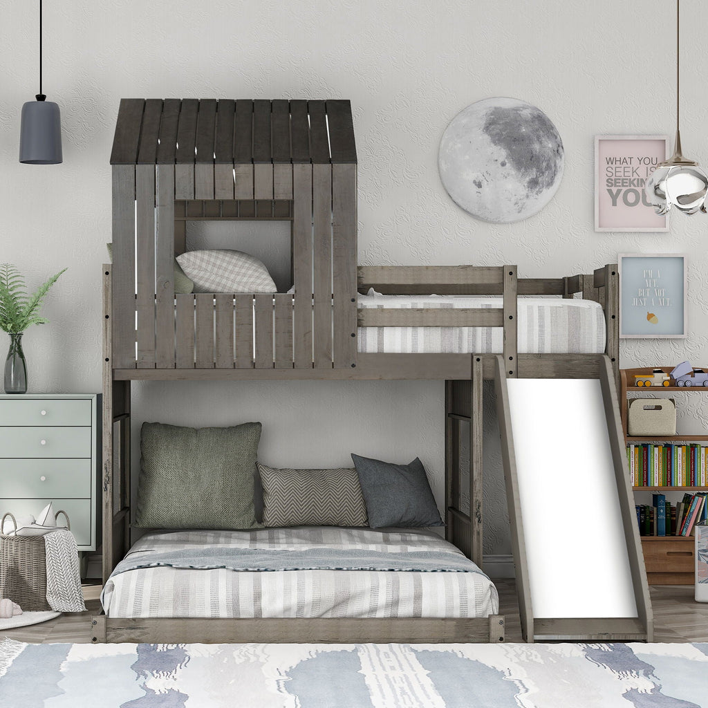 Loft Bunk Bed With Playhouse, Slide, and Guardrails - Twin Over Full