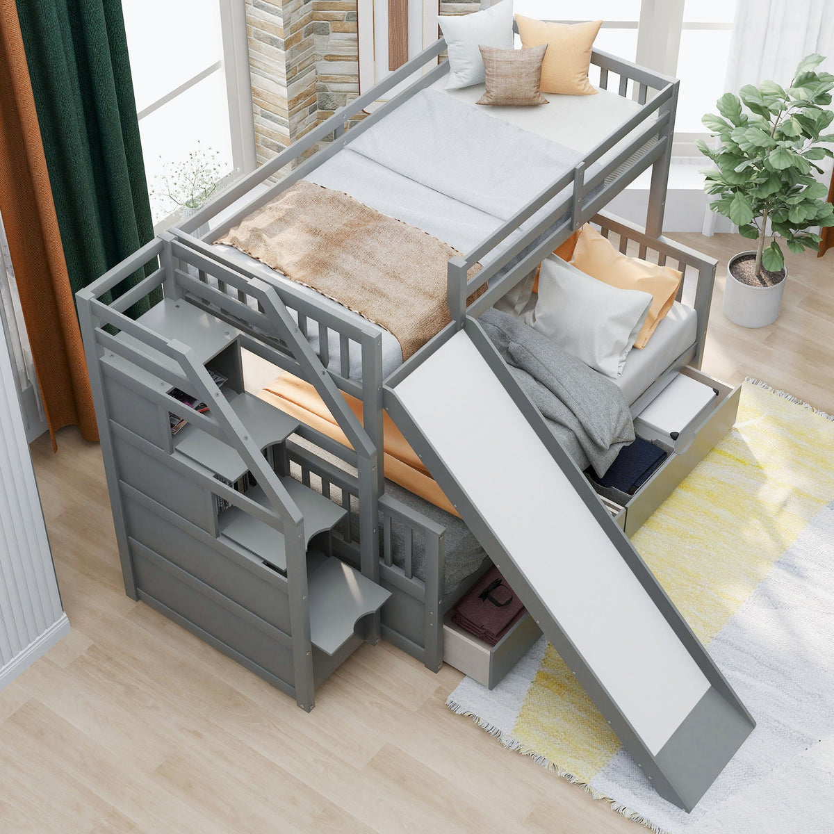 Bunk Bed with Storage Staircase, Slide & Desk - Twin or Full - Dark Gray or White