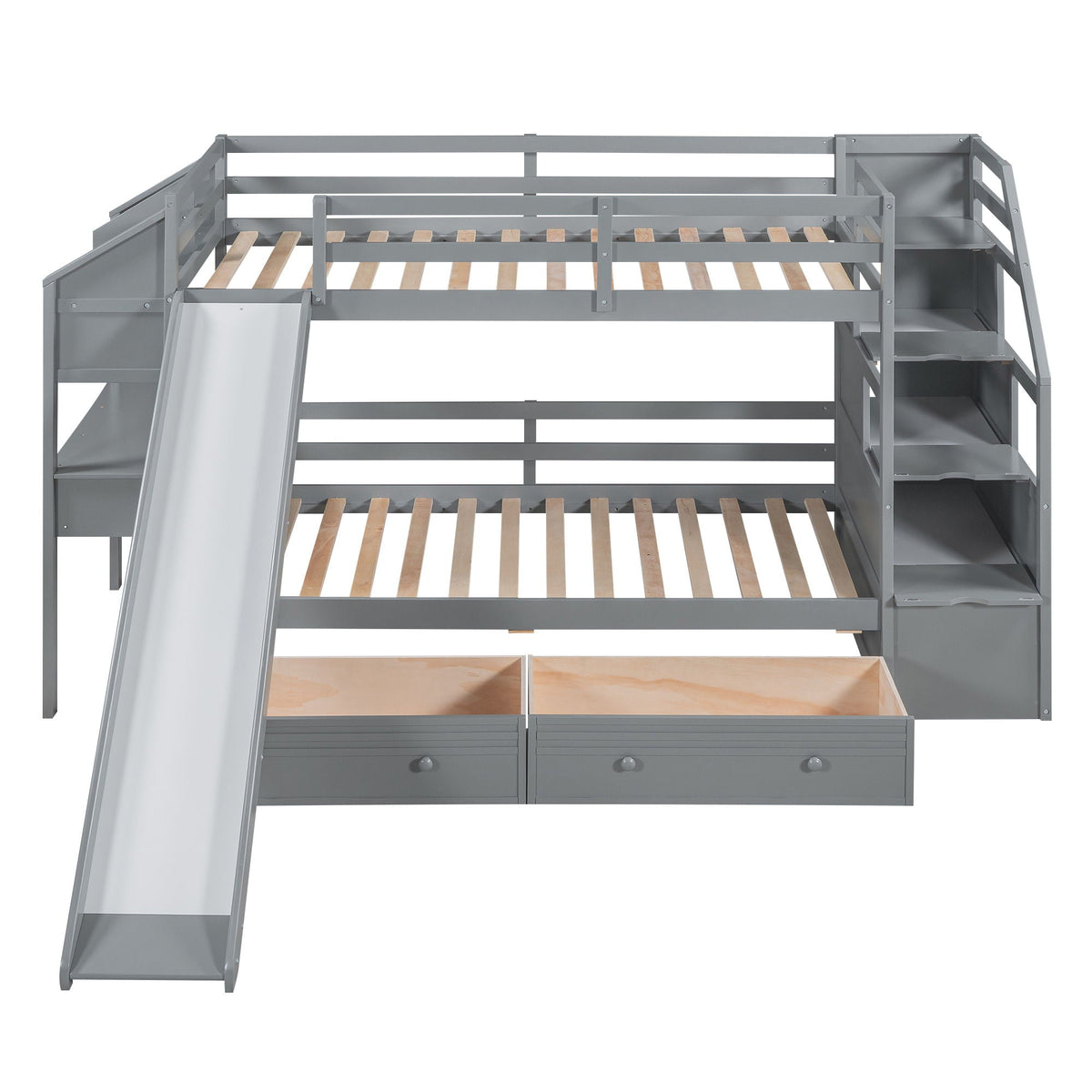 Bunk Bed with Storage Staircase, Slide & Desk - Twin or Full - Dark Gray or White