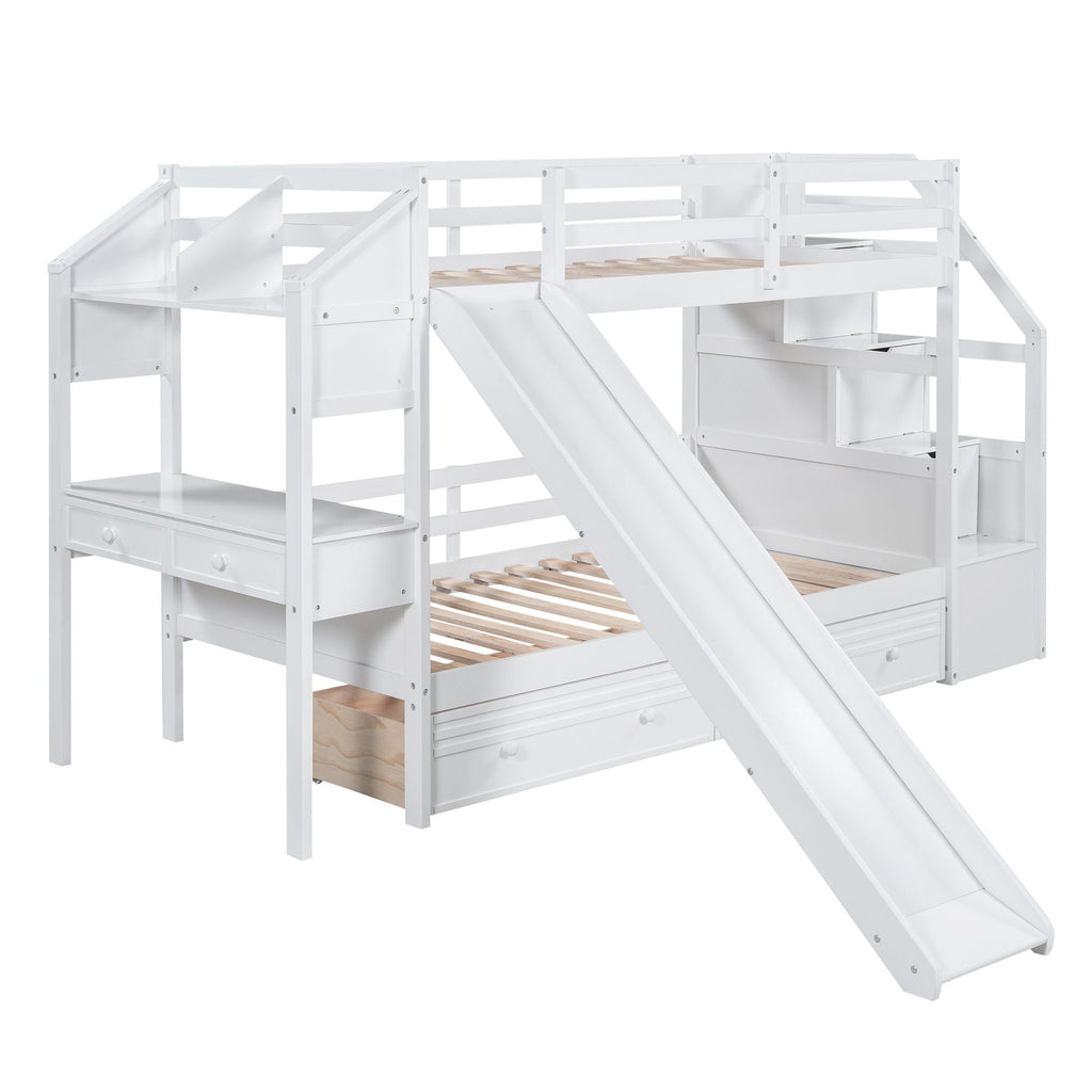 Bunk Bed with Storage Staircase, Slide & Desk - Twin or Full - Dark Gray or White
