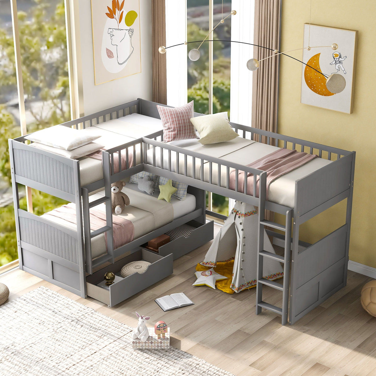 Triple Twin Bunk Bed With Loft and 2 Drawers - Dark Gray or White
