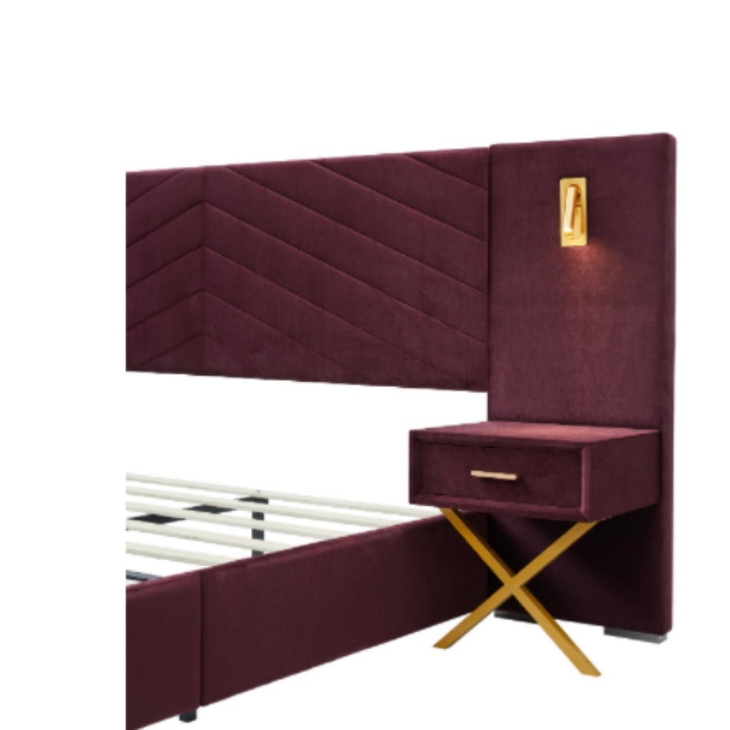 Upholstered Bed with Vertical Channel Tufted Wingback Headboard - Blue or Red