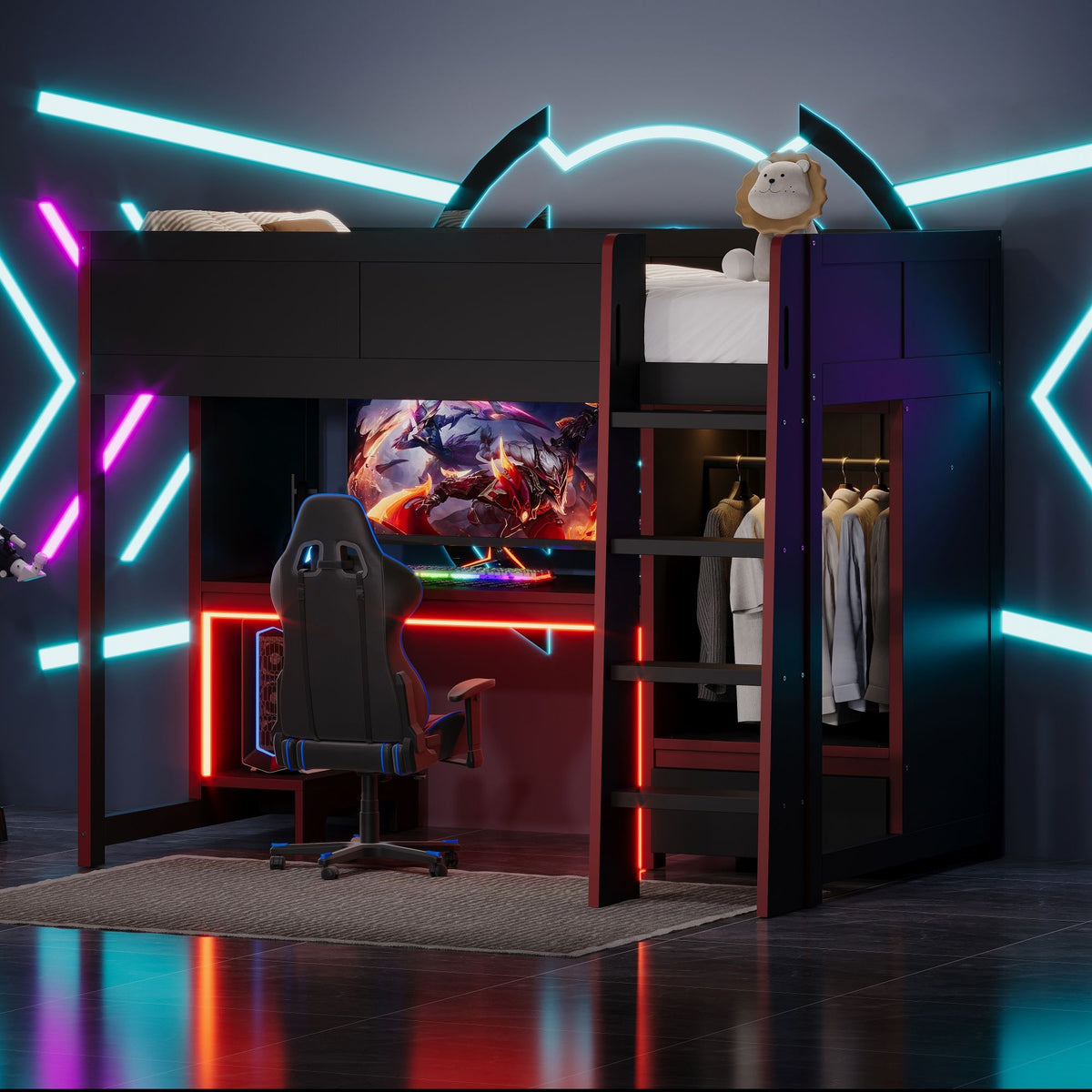 Gaming Loft Bed with Built-In Desk, Wardrobe & LED Lighting - Black