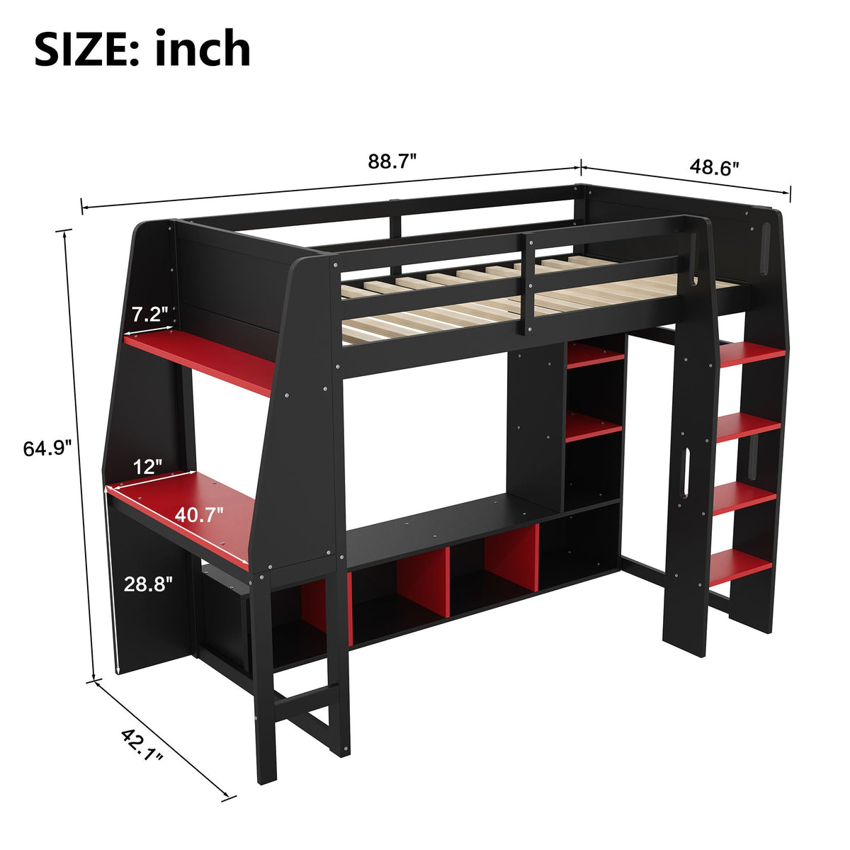 Gaming Loft Bed with Desk and Storage Shelves – LED Lighting – Black or Dark Gray