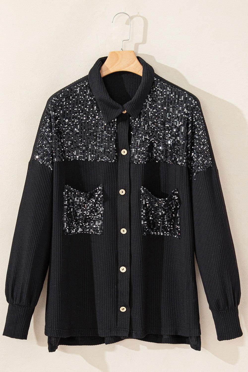 Sequin Button Up Dropped Shoulder Jacket for Women
