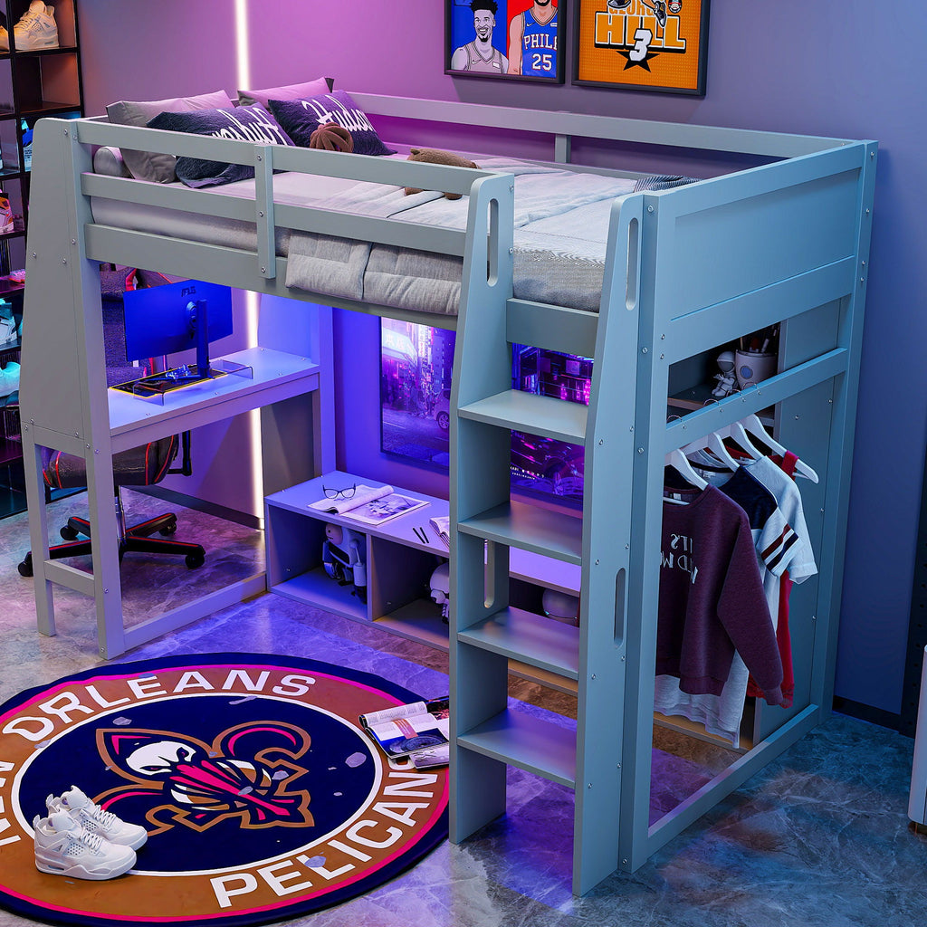 Gaming Loft Bed with Desk and Storage Shelves – LED Lighting – Black or Dark Gray