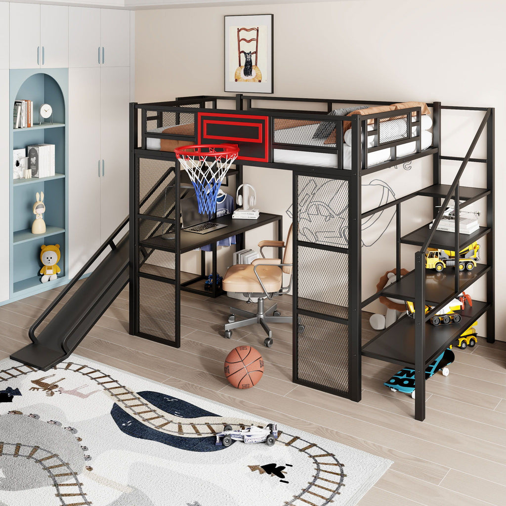 Full Loft Bed with Built-In Desk, Slide & Storage - Black or White