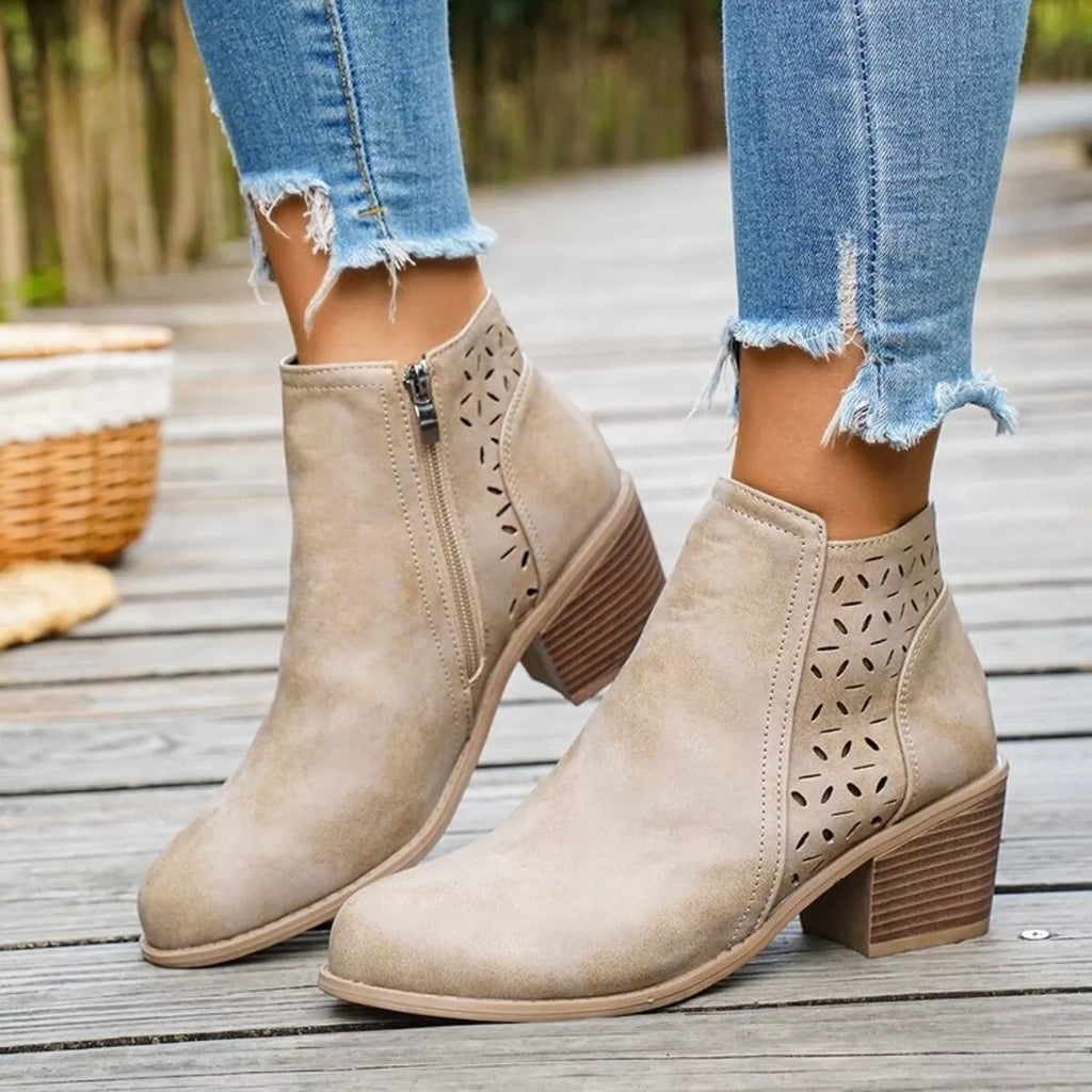 Block Heel Ankle Boots with Cutout Detail