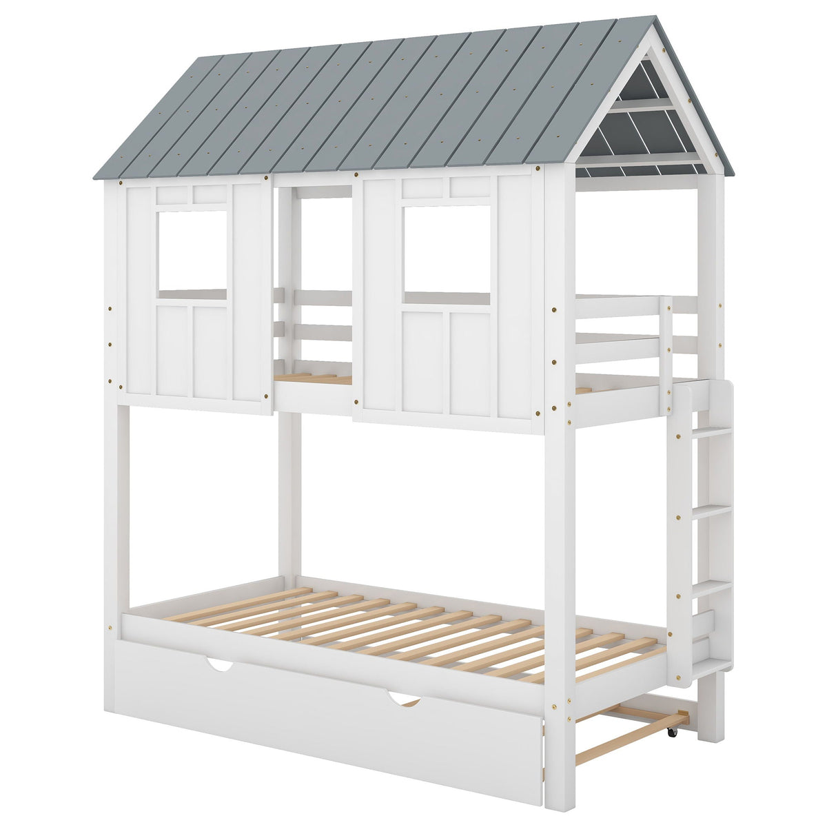 Twin Size House Bunk Bed with Trundle and Roof and Windows - White / Gray