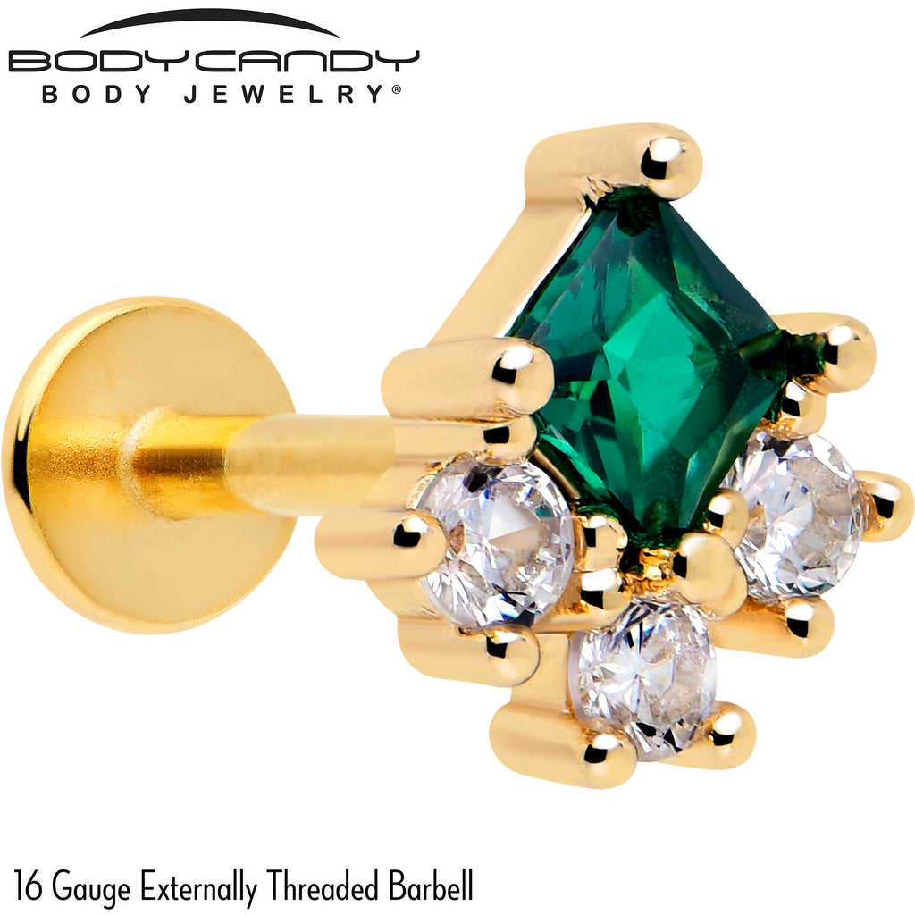 16G 1/4 Green Clear CZ Gem Gold Tone Rhombus Riot Flatback Stud