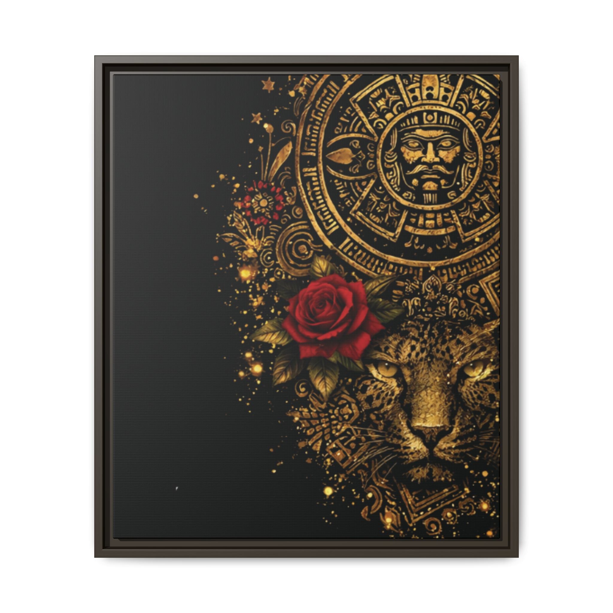 Reina Azteca Art Print — Framed Matte Canvas with Red Rose