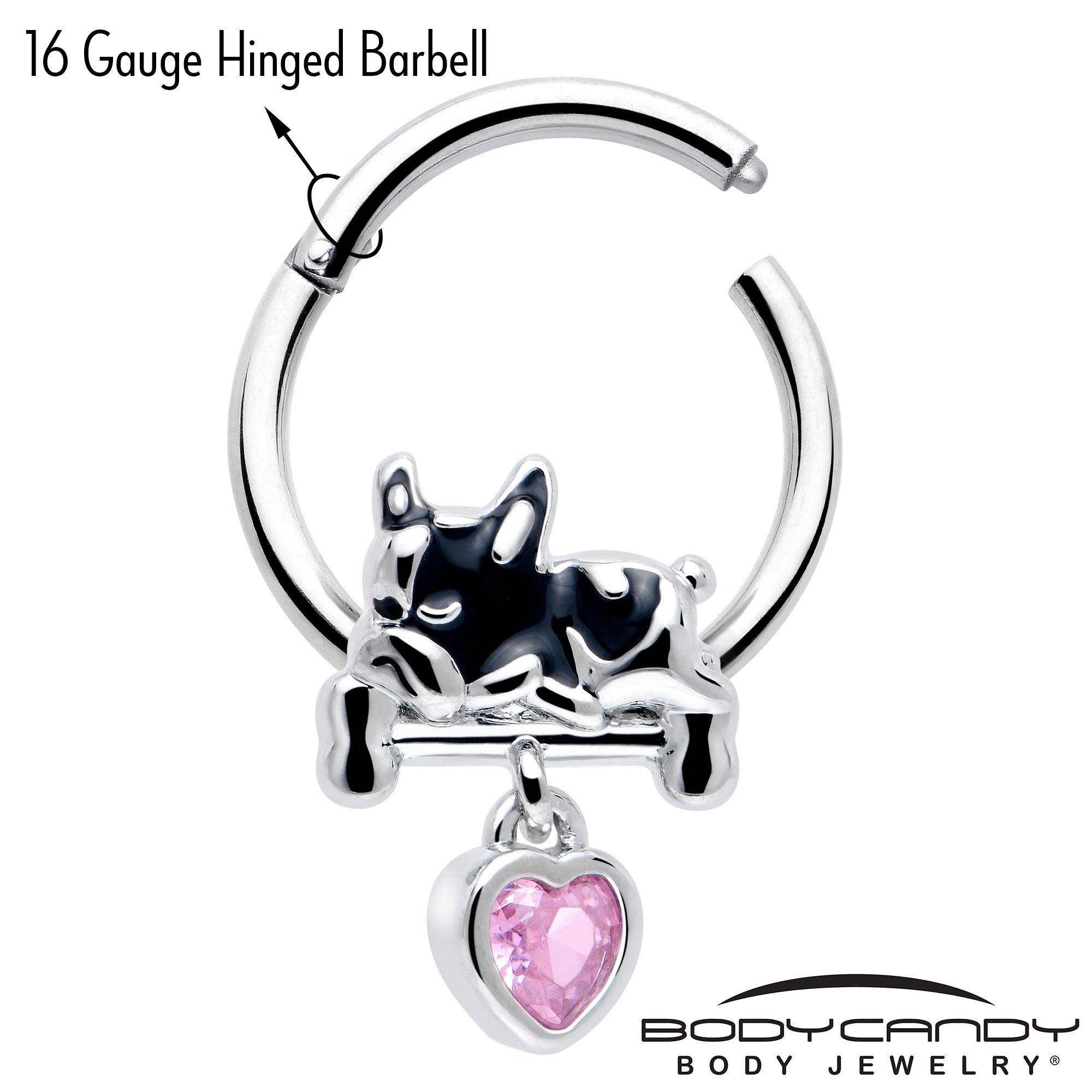 16G 3/8 Pink CZ Gem Sleepy French Bulldog Dangle Hinged Segment Ring