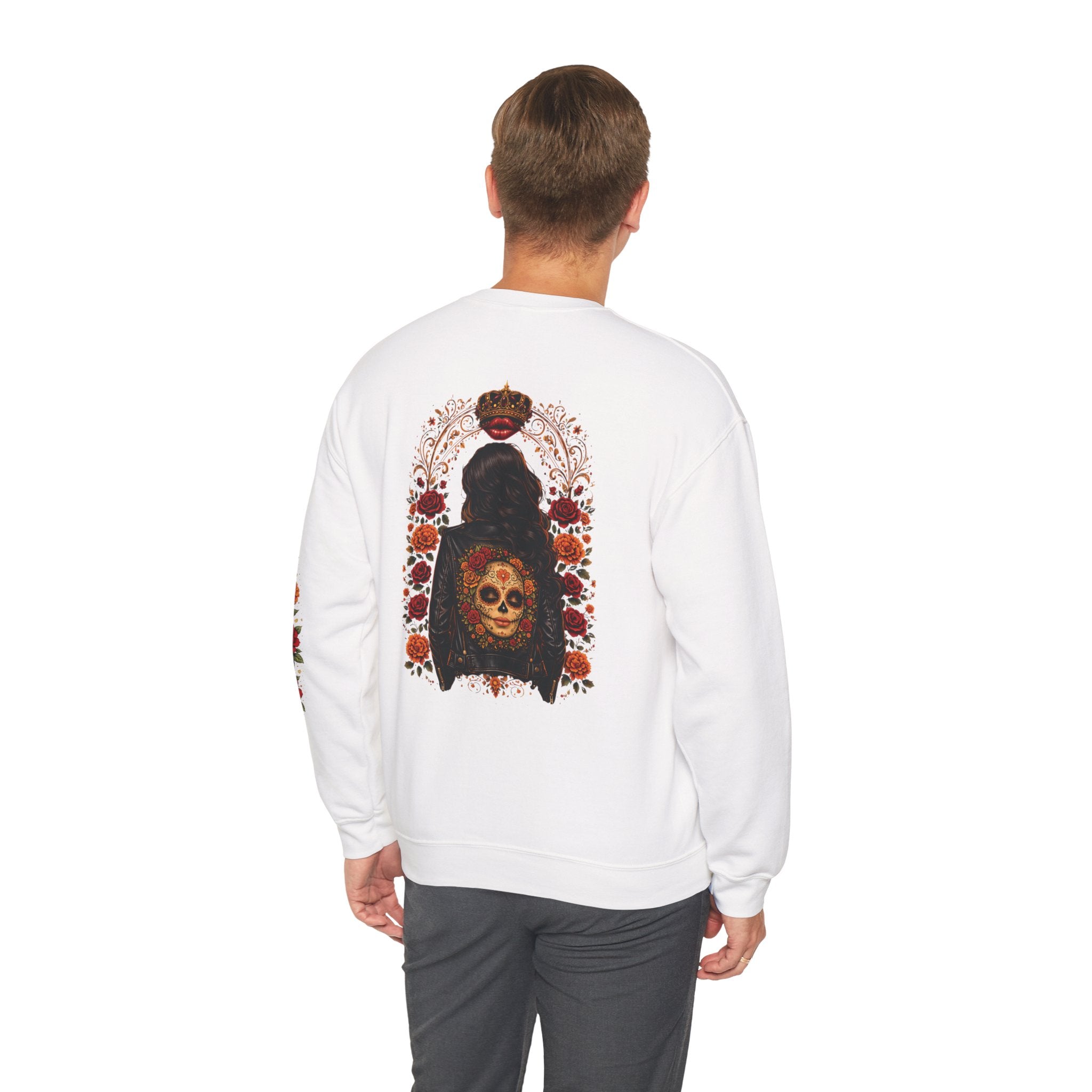 Day of the Dead Skull Crewneck Sweatshirt — Floral Sugar Skull Backprint