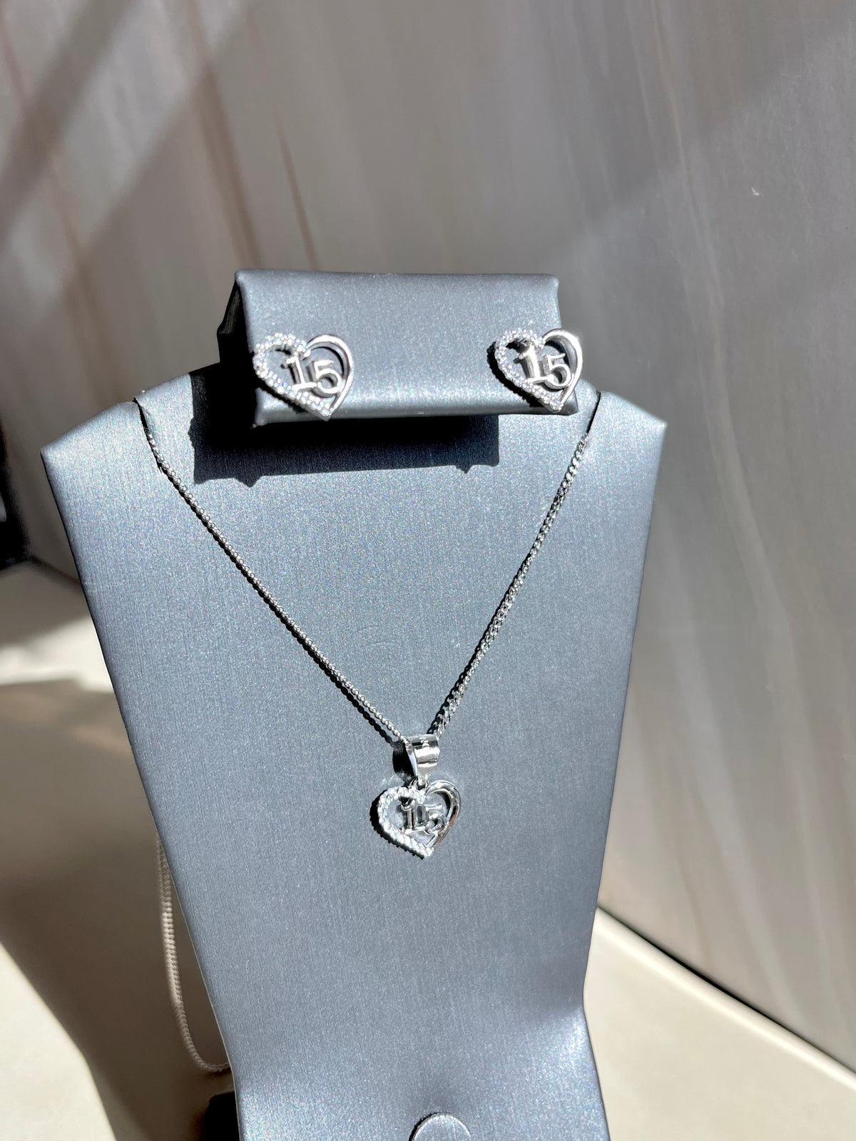 Quinceañera Necklace & Heart Earrings Set — Sterling Silver 925