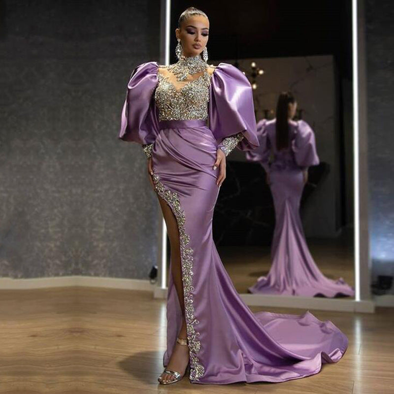 Elegant Gold-Sprinkled Evening Gown with Princess Sleeves, Fitted Bodycon,  Long Dress
