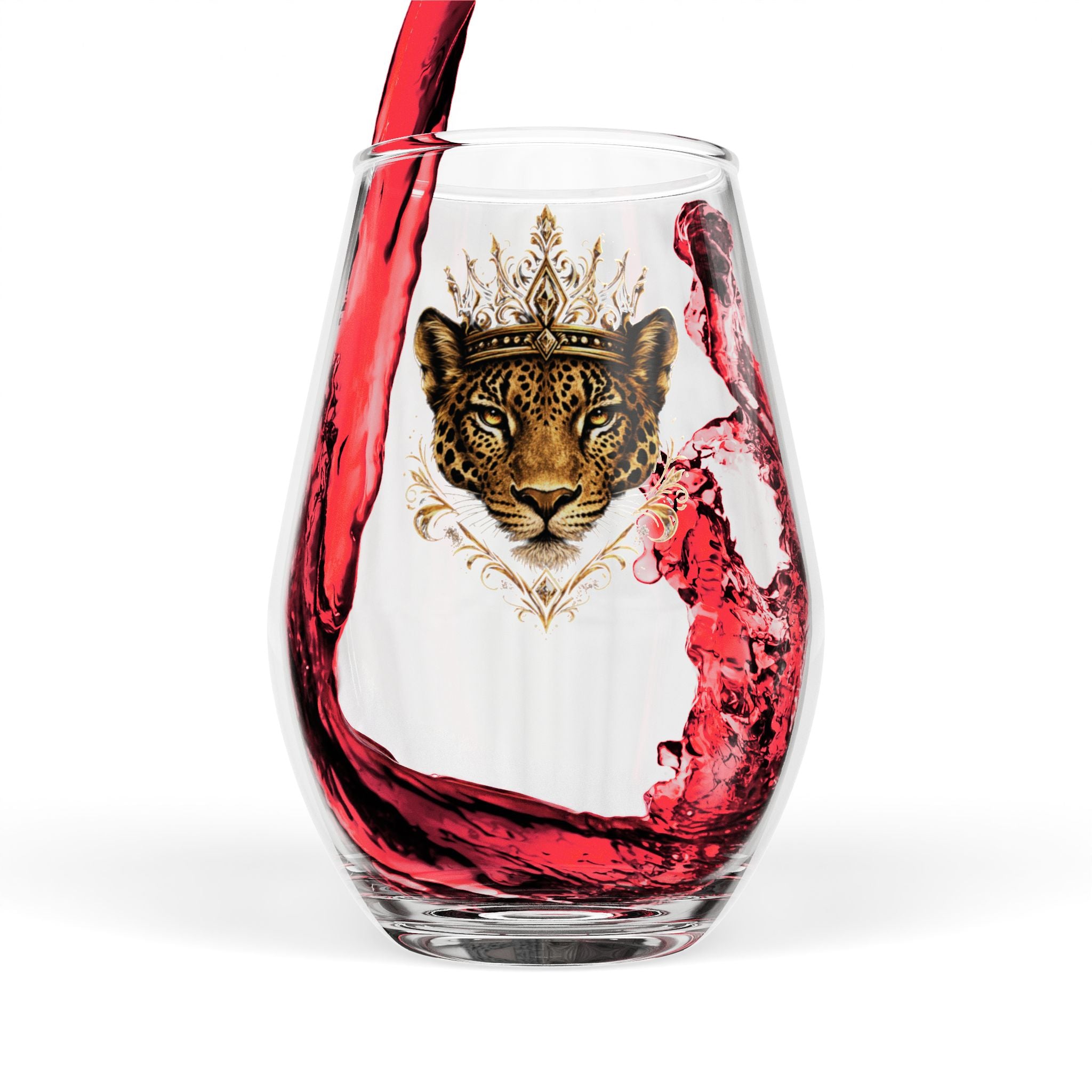 Jaguar Crown Stemless Wine Glass – Royal Animal Print 11.75oz
