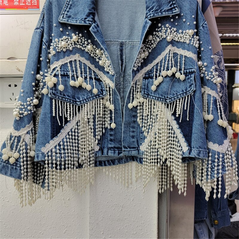 Korean Heavy Pearl Tassel Loose All-Match Personalized Short Denim Jacket Women Jean Jacket Outerwear Spring New Clothes