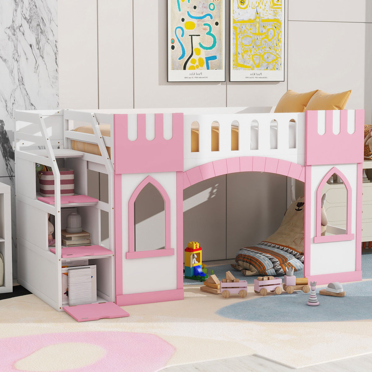 Loft Bed With Storage Staircase and Windows - Twin Size