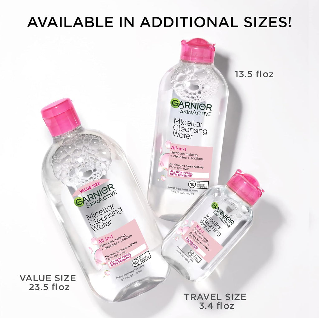 Garnier Micellar Cleansing Water, All-in-1 Makeup Remover and Facial Cleanser, For All Skin Types, 3.4 Fl Oz (100mL), 1 Count (Packaging May Vary)
