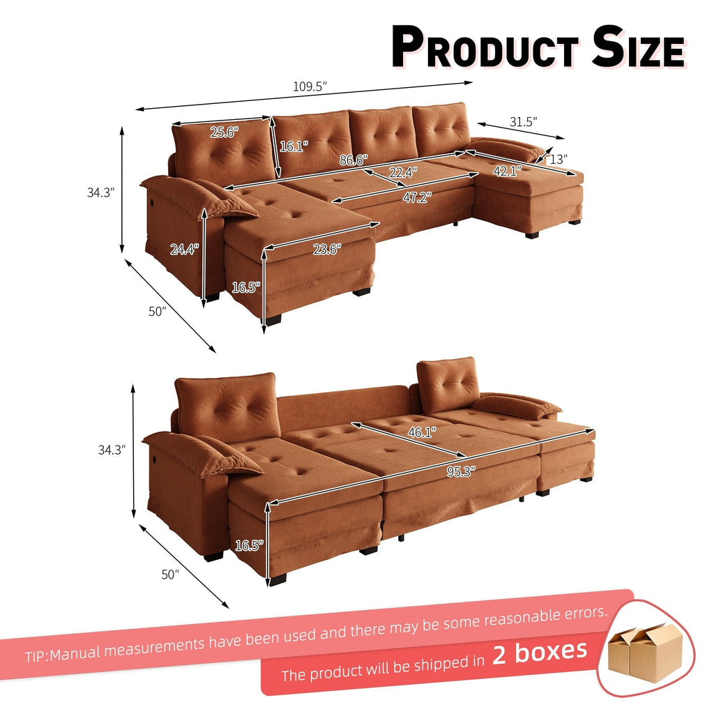 U-Shaped Sleeper Sectional with Pull Out Bed and USB Ports - Fabric