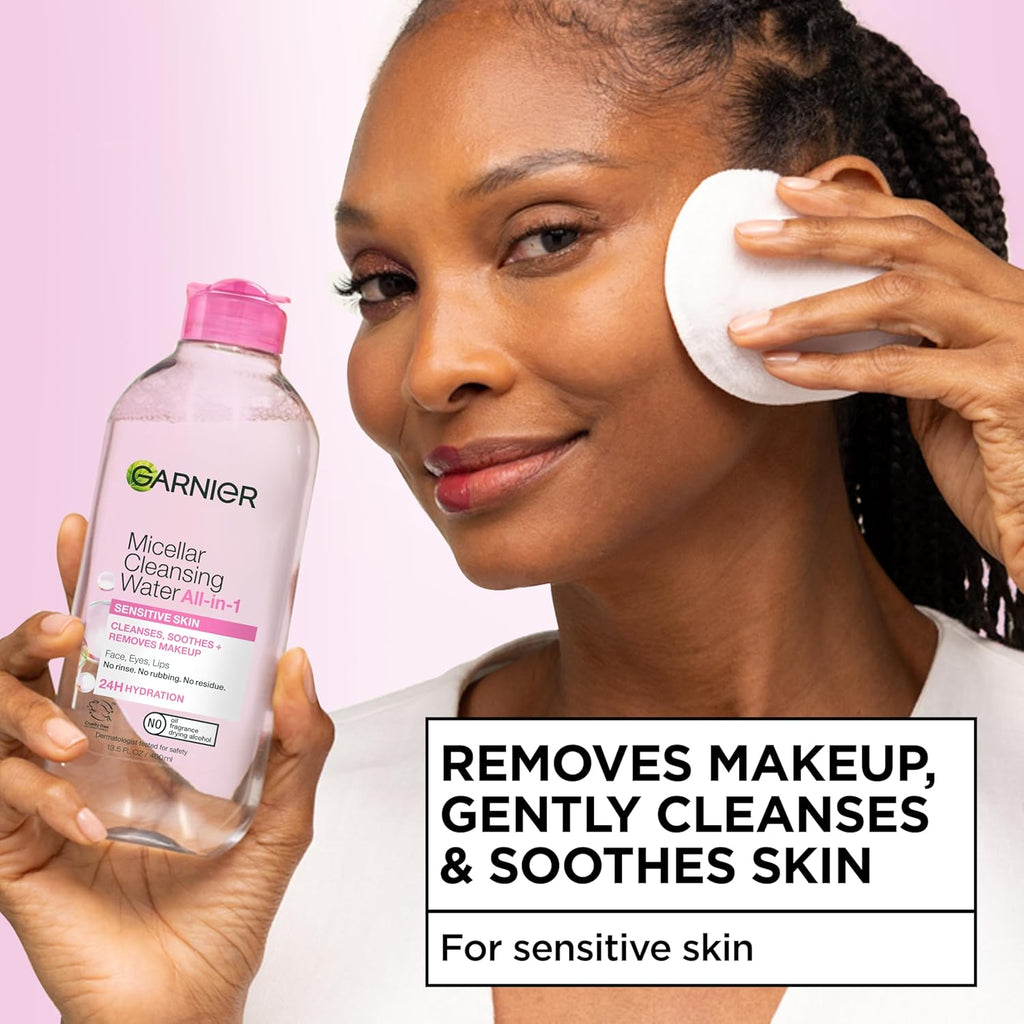 Garnier Micellar Cleansing Water, All-in-1 Makeup Remover and Facial Cleanser, For All Skin Types, 3.4 Fl Oz (100mL), 1 Count (Packaging May Vary)