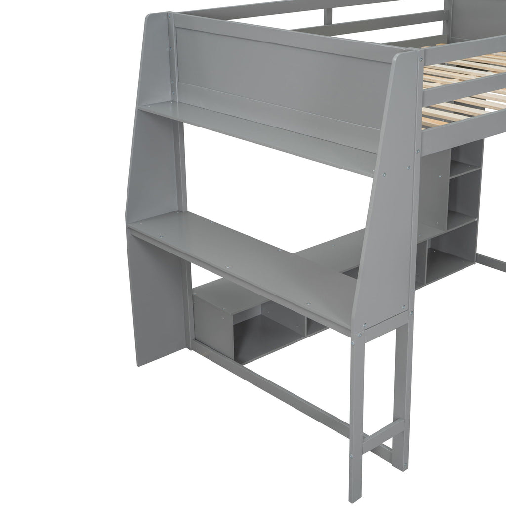 Gaming Loft Bed with Desk and Storage Shelves – LED Lighting – Black or Dark Gray
