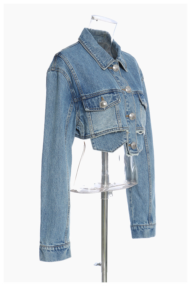 Deep Fried Street Pocket Bright Pink Short Tassel Denim Coat Motorcycle Jacket