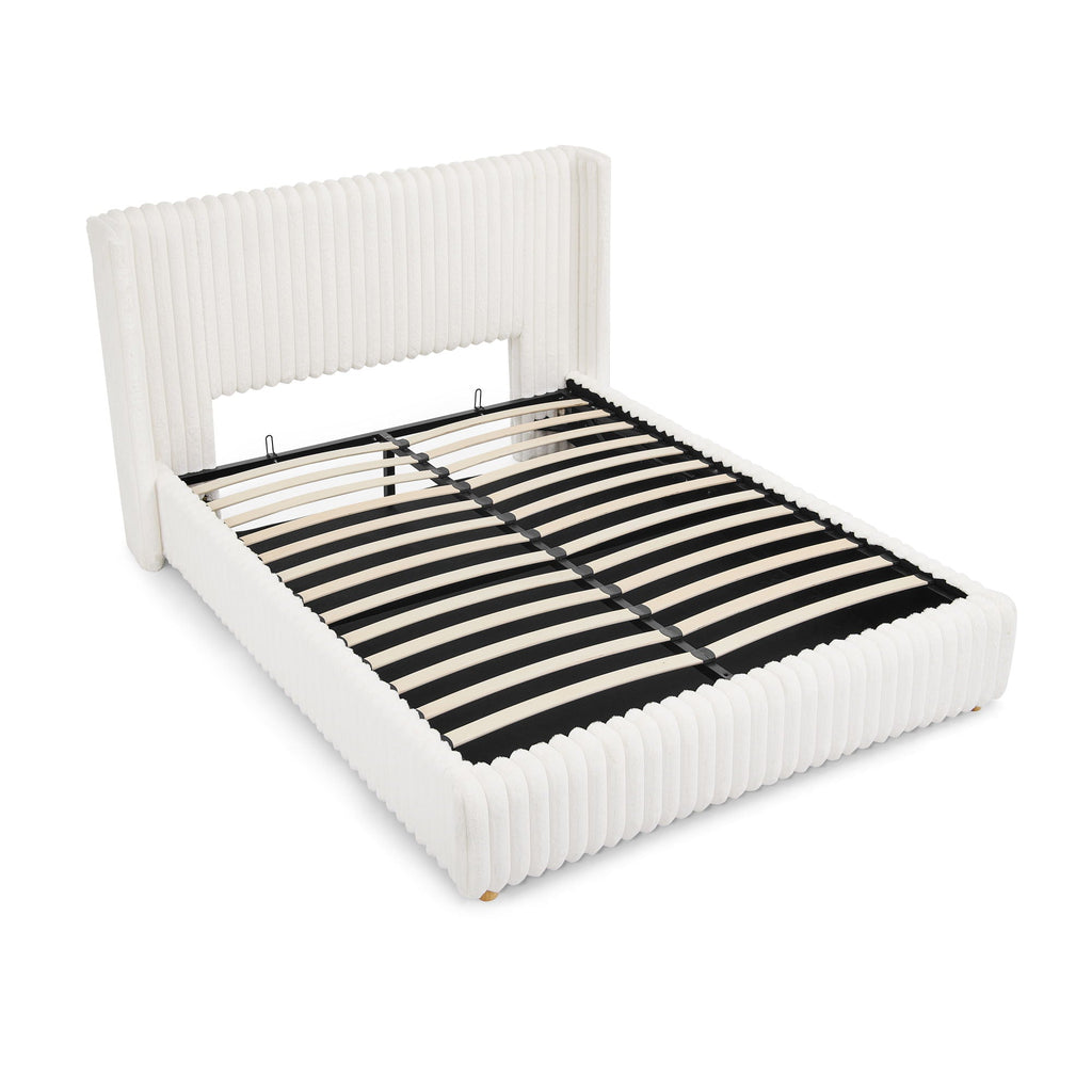 Functional Vertical Striped Bed with Gas Lift Storage - Beige