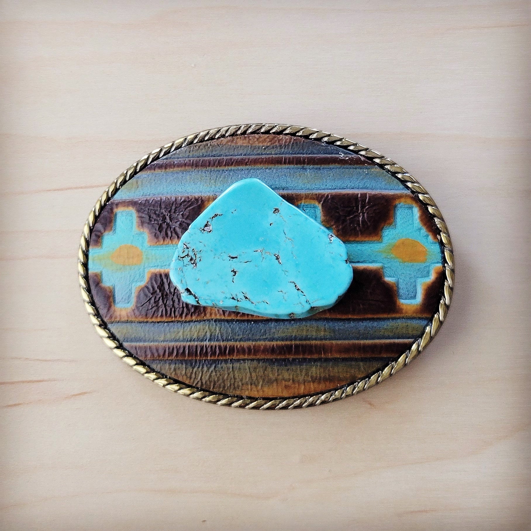 Rope Edge Blue Navajo Leather Belt Buckle w/ Blue Turquoise 908c