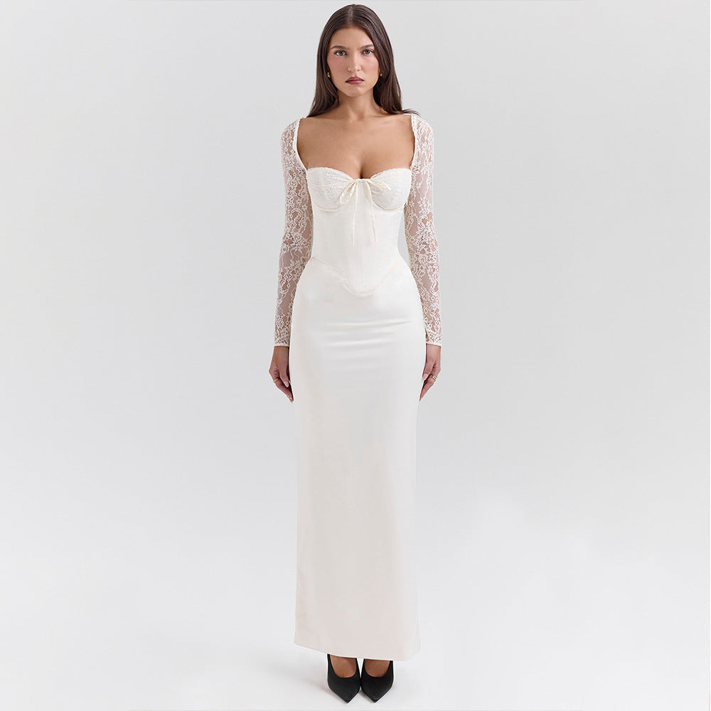 Sexy Lace Spliced Long Sleeve Bodycon Split Maxi Dress