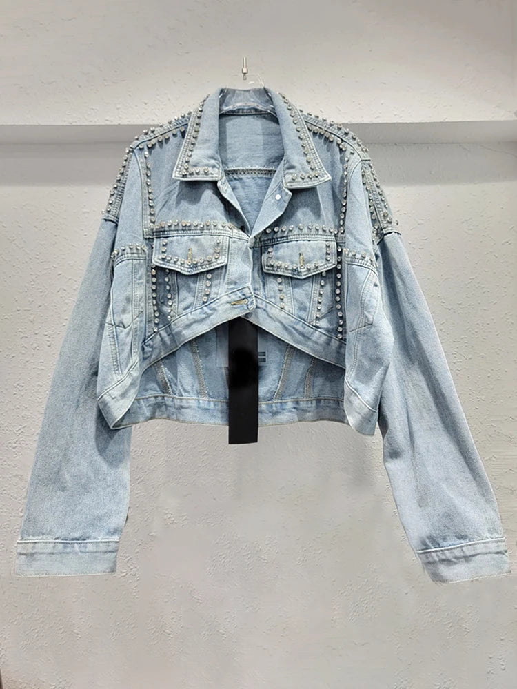 Women's Denim Jackets Long Sleeve Irregular Diamonds Single Breasted Loose Washed Coats  Autumn New Fashion