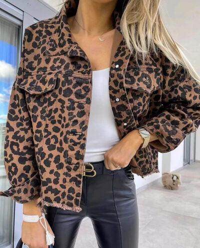Raw Hem Leopard Collared Neck Denim Jacket for Women