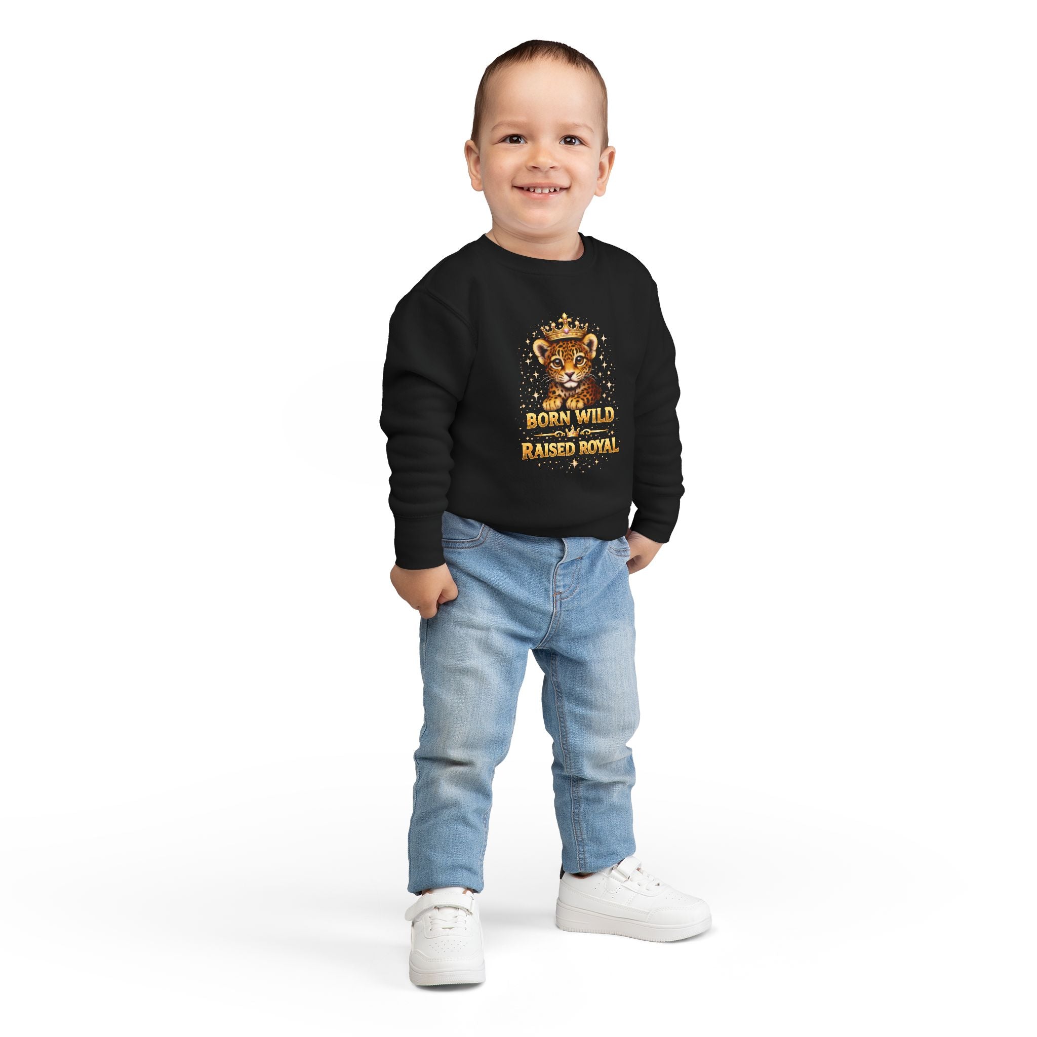 Toddler Sweatshirt - "Born Wild Raised Royal" Jaguar Cub Crowned Crewneck