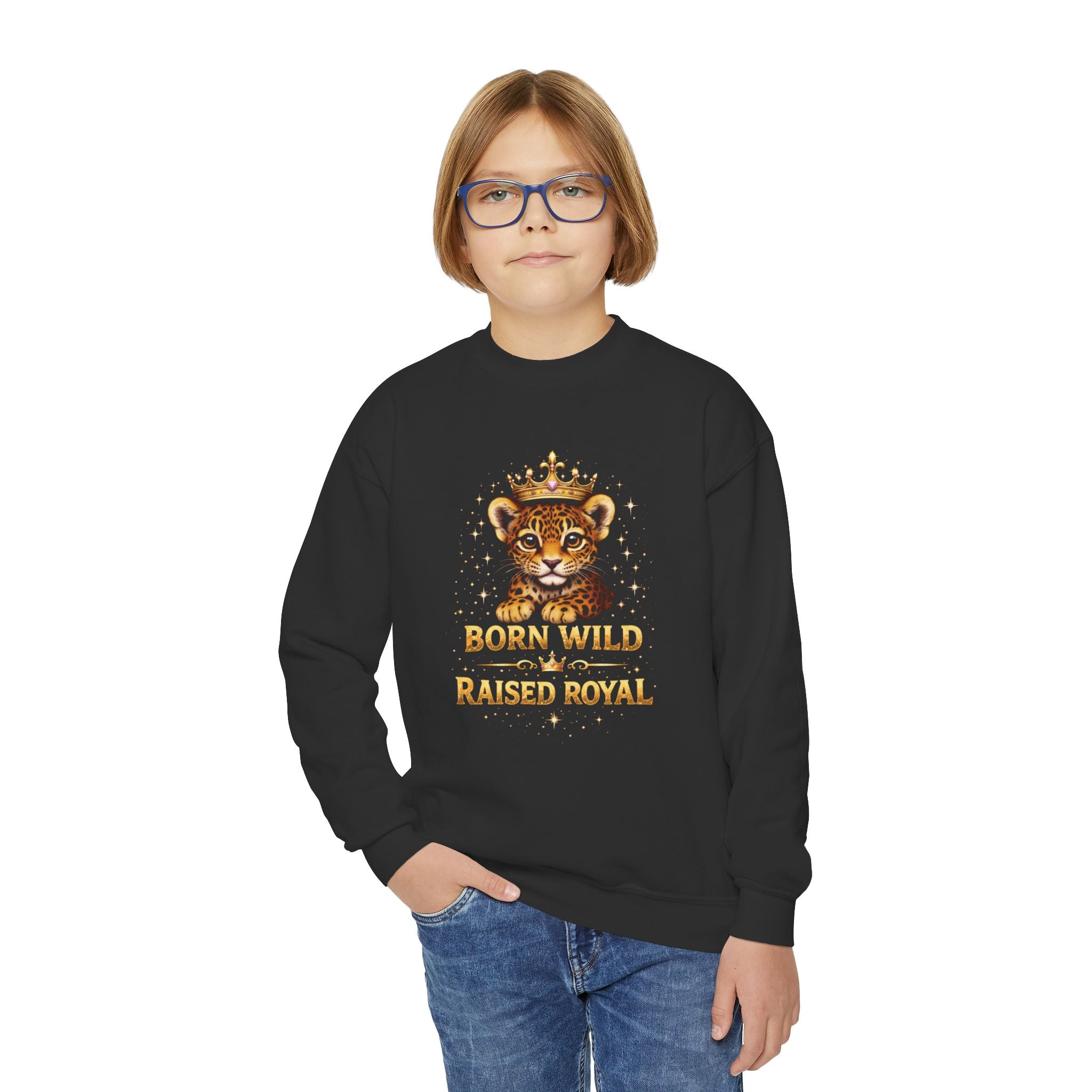 Youth Crewneck Sweatshirt — "Born Wild Raised Royal" Jaguar Cub Graphic