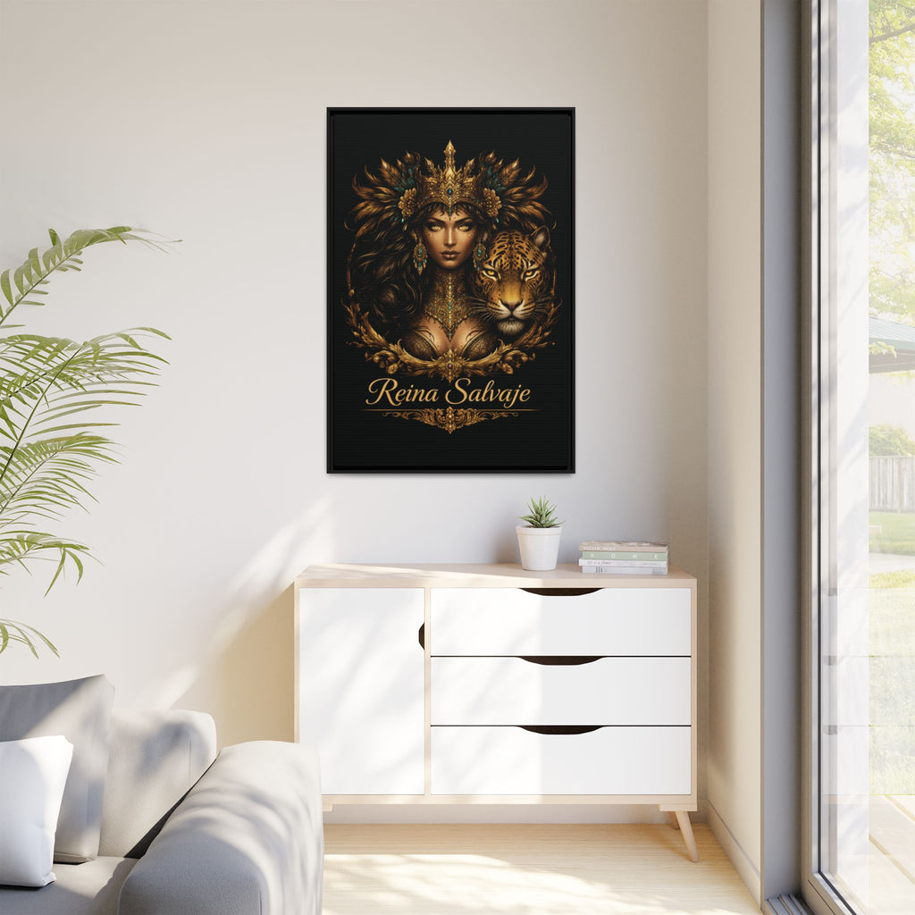 Reina Salvaje Matte Framed Canvas Art — Golden Goddess & Tiger Wall Decor