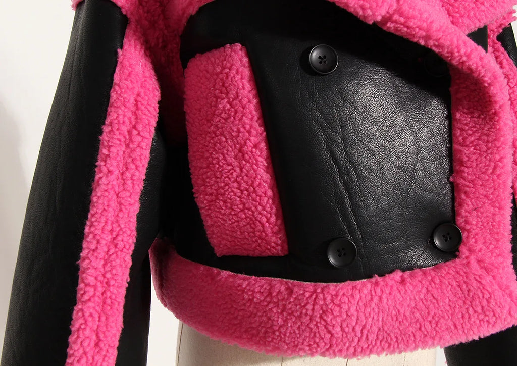 Women Fake Fur Coat Autumn Winter Color Matching Motorcycle One Piece Jacket Fashion All Matching Ladies Warm Tops New