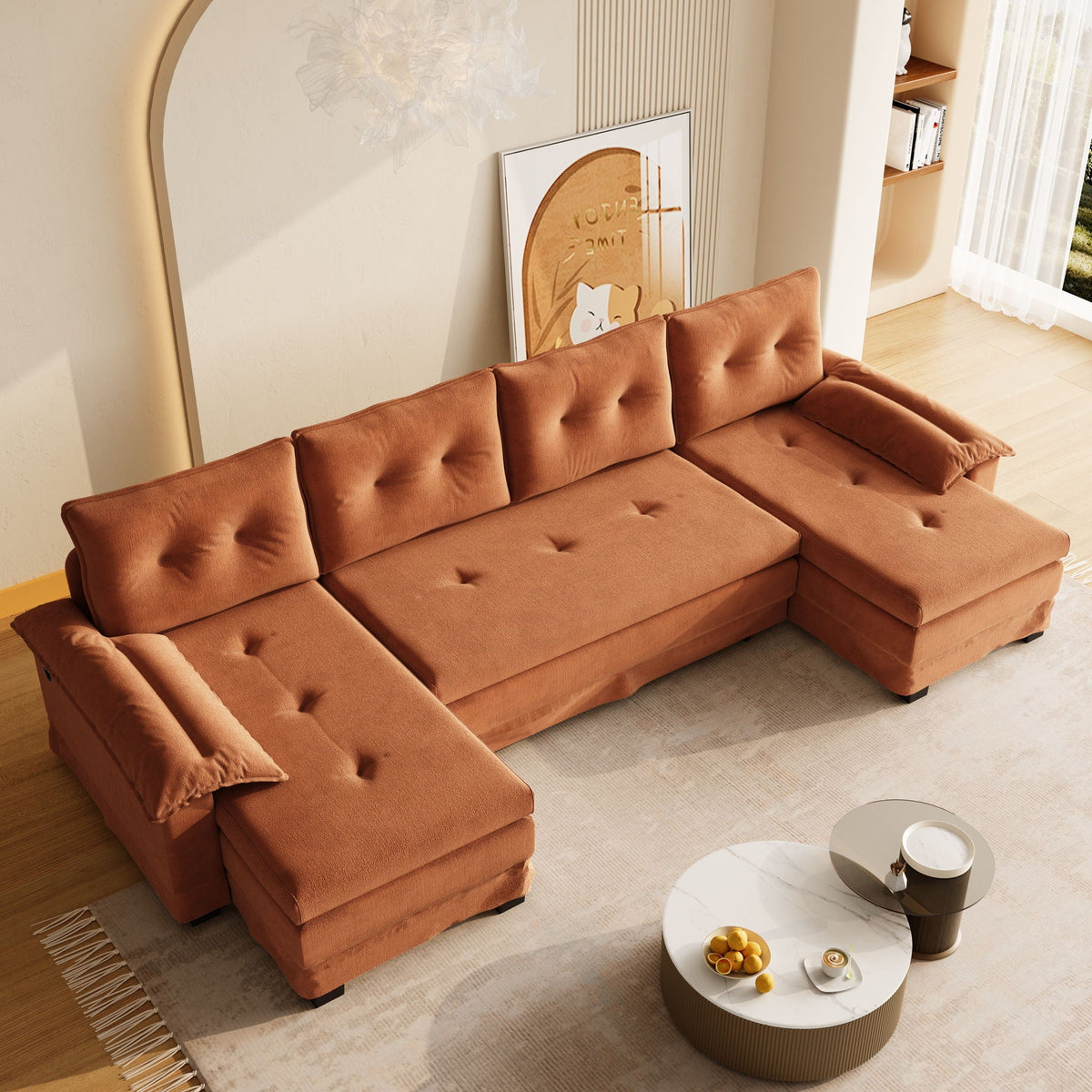 U-Shaped Sleeper Sectional with Pull Out Bed and USB Ports - Fabric