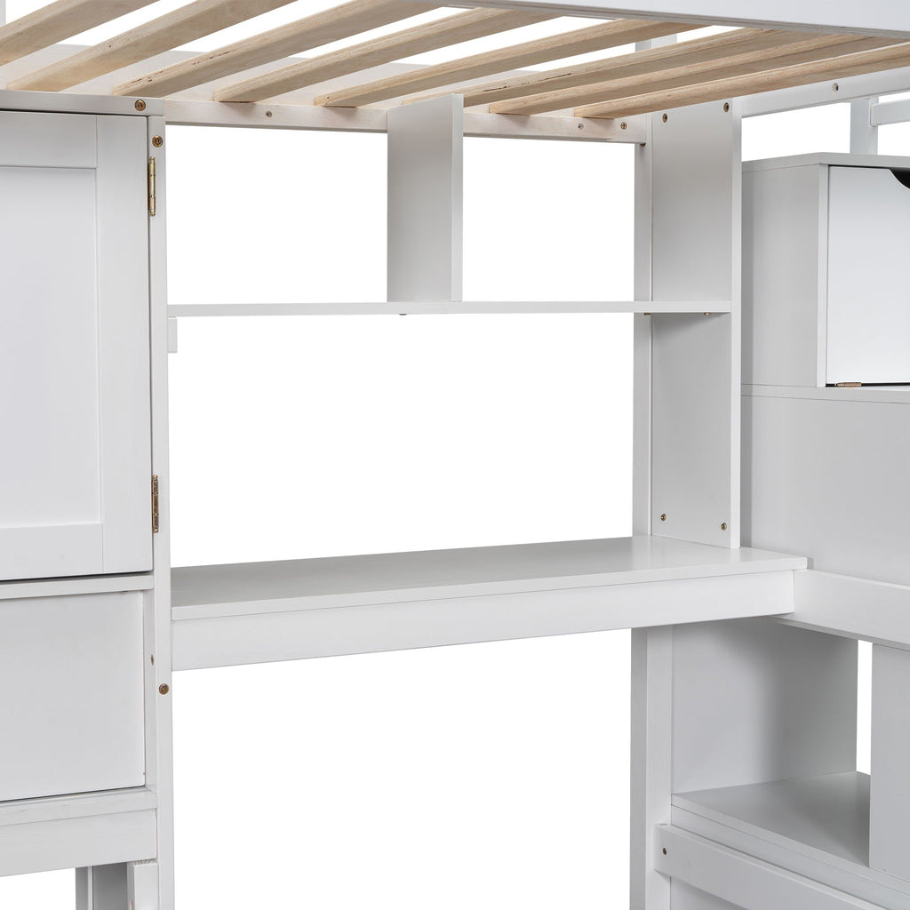 Twin Over Twin Loft Bed with Built-In Desk and Staircase - White or Light Brown