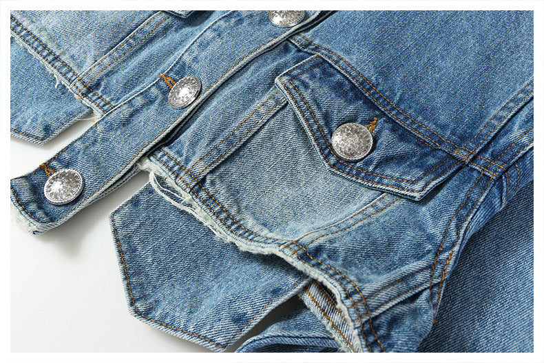 Deep Fried Street Pocket Bright Pink Short Tassel Denim Coat Motorcycle Jacket