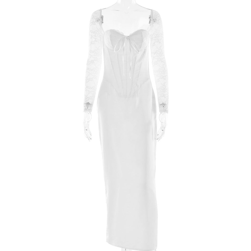 Sexy Lace Spliced Long Sleeve Bodycon Split Maxi Dress