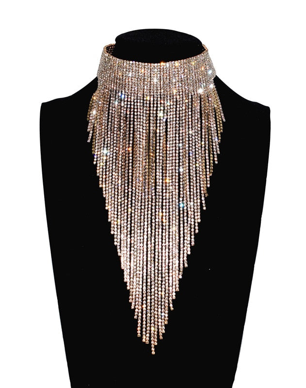 Rhinestone Tassel Statement Necklace