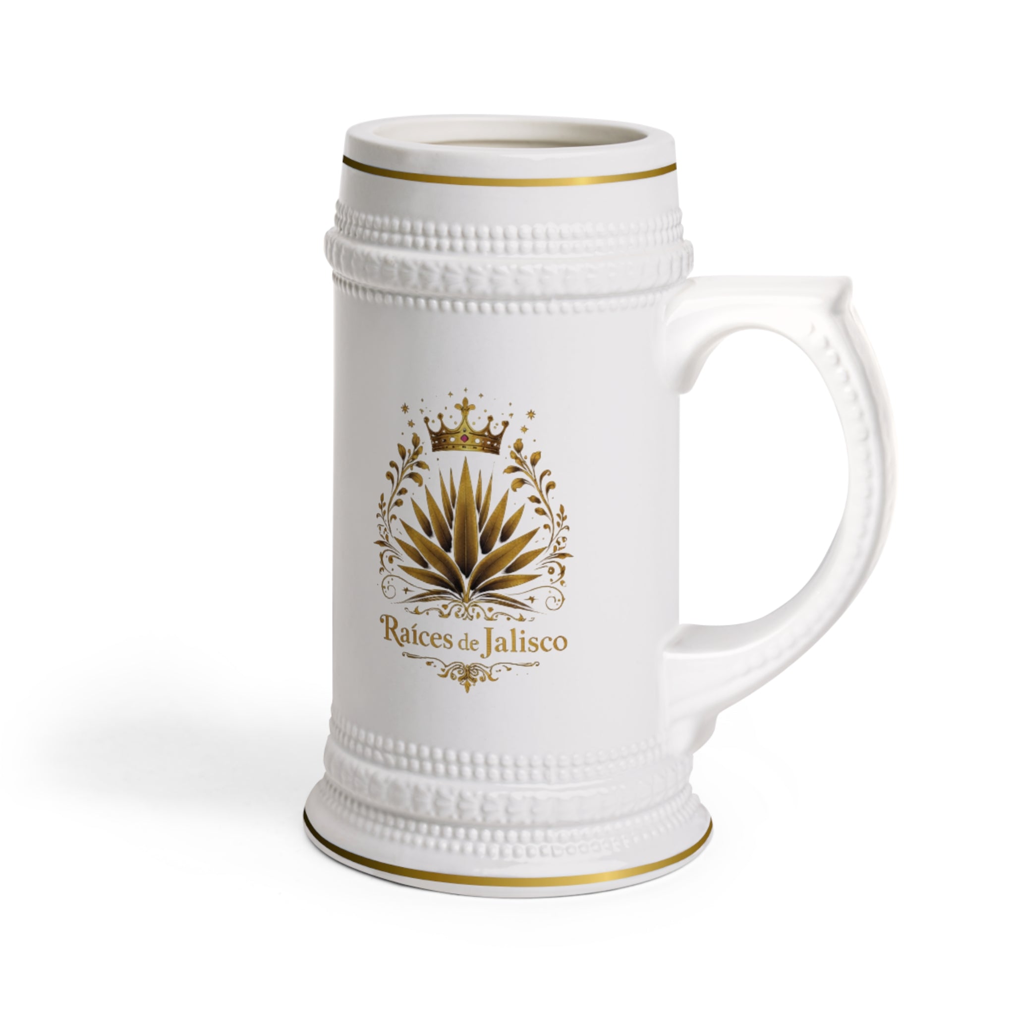 Raíces de Jalisco Ceramic Beer Stein – Gold Crown Agave Logo Mug