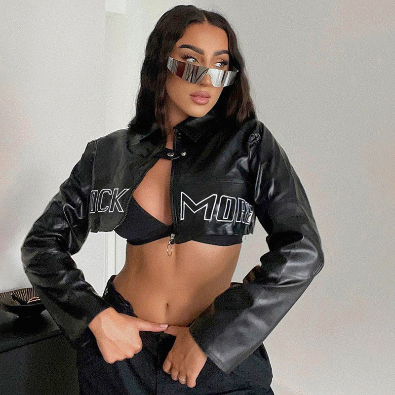 Street Motorcycle Style Letter Print PU Leather Spliced Short Jacket Workwear Casual Leather Top
