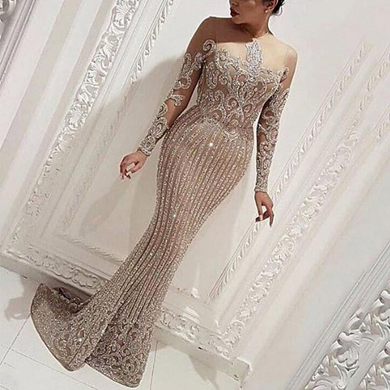 Long skirt mid waist temperament commuting gold sequins solid color chest wrap stretch gold slimming dress