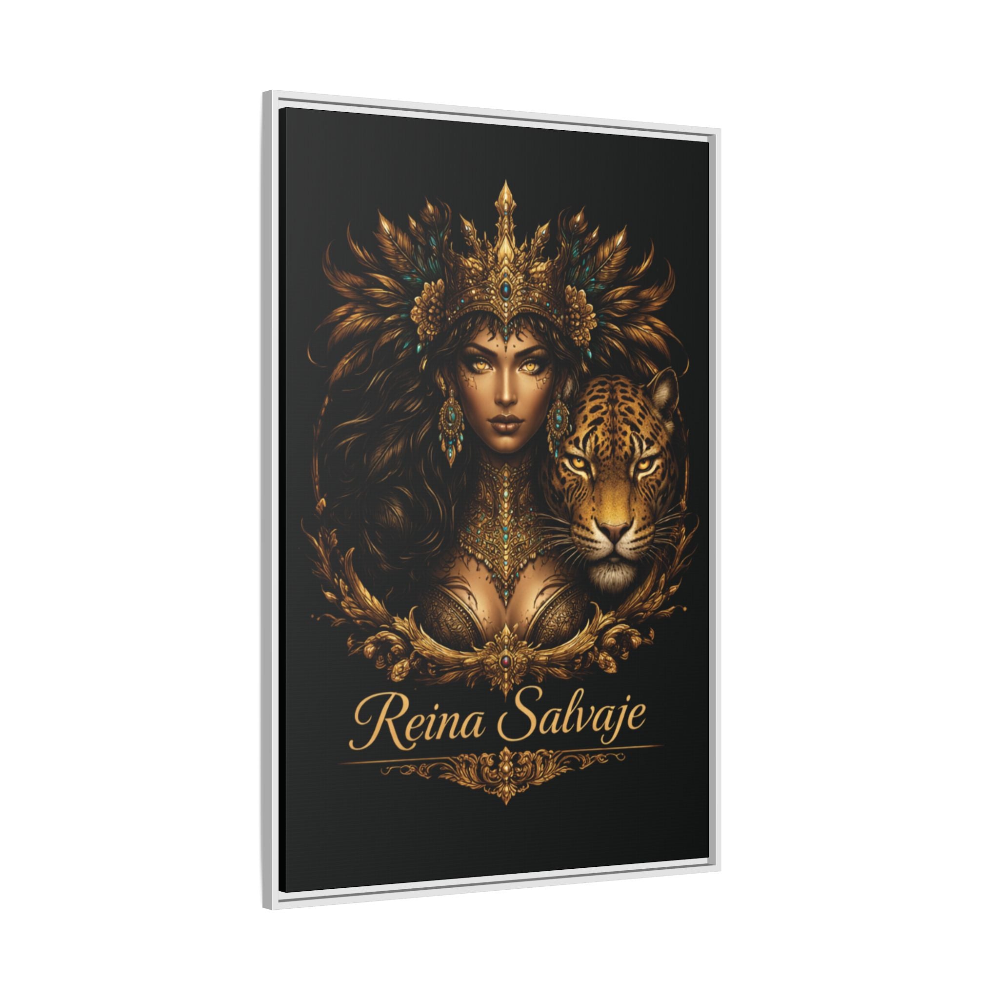 Reina Salvaje Matte Framed Canvas Art — Golden Goddess & Tiger Wall Decor
