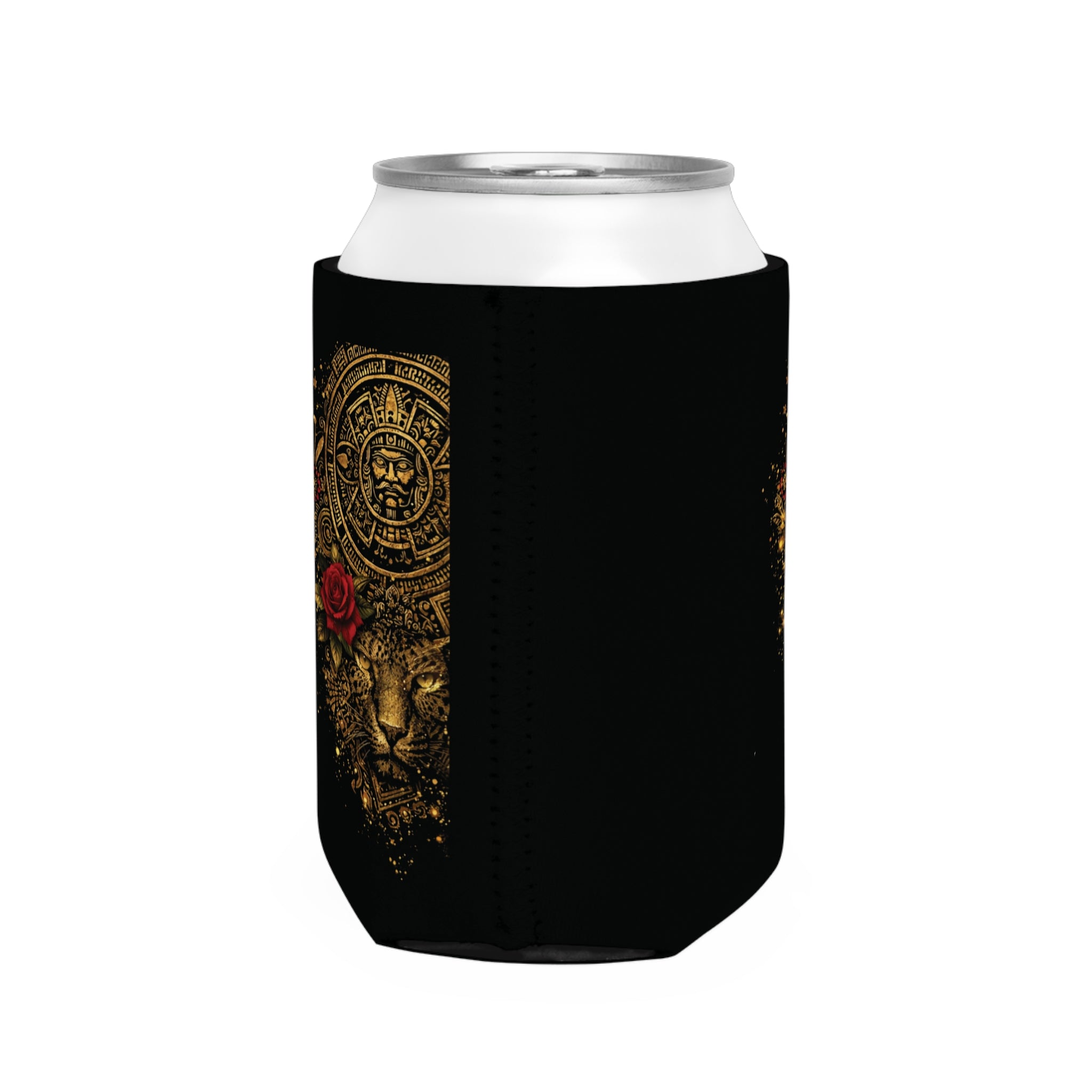 Can Cooler Sleeve — Gold Aztec Jaguar with Rose Can Cooler